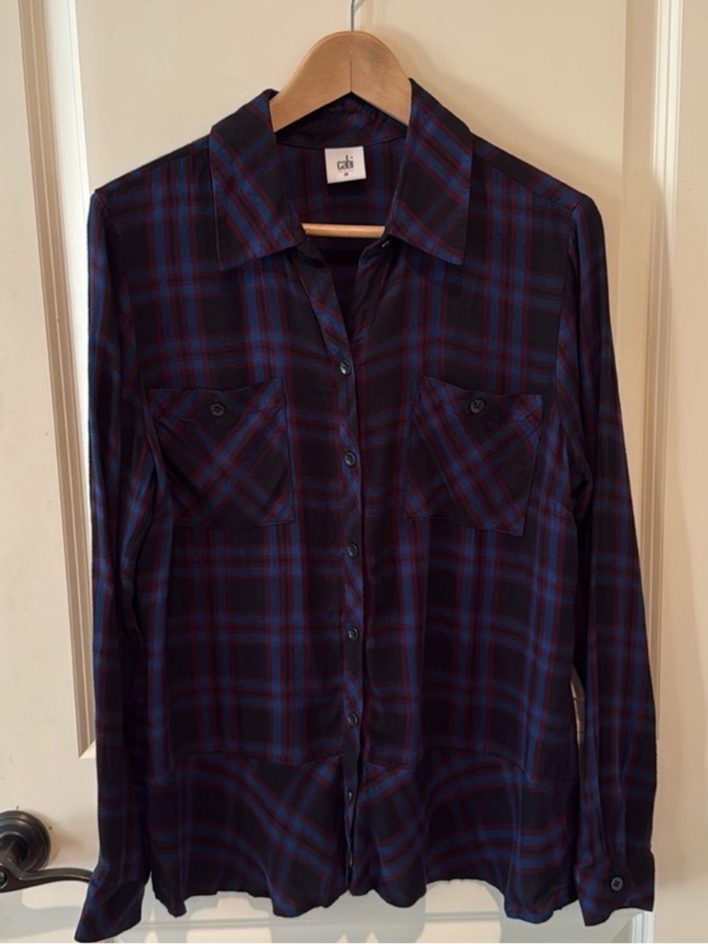 CAbi Moody Plaid Button Down Peplum Blouse Shirt #3431 Medium Fall Cabincore
